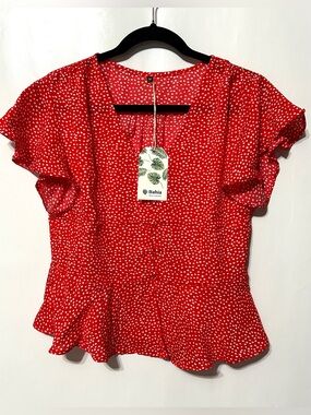 Bahia Ruby Blouse Red Polka Dot Flutter Sleeve Peplum Top  -M